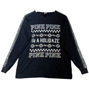 Victorias Secret Pink Womens Christmas T Shirt Sequin Long Sleeve Size S Black